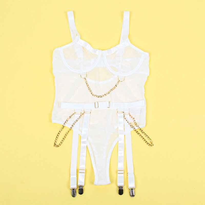 SUBBLIME - 954284 KÖRPER MIT KETTEN + STRUMPFGÜRTEL WEISS S/M - Vanelion Paradise