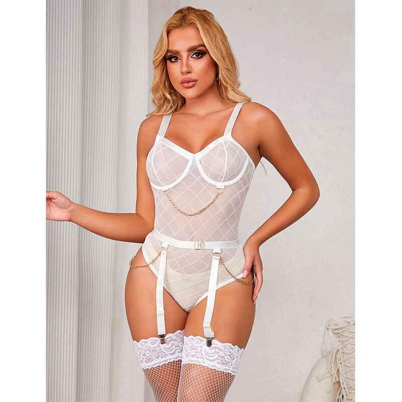 SUBBLIME - 954284 KÖRPER MIT KETTEN + STRUMPFGÜRTEL WEISS S/M - Vanelion Paradise