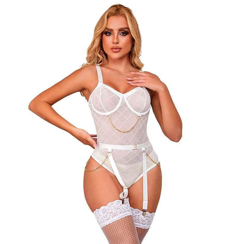 SUBBLIME - 954284 KÖRPER MIT KETTEN + STRUMPFGÜRTEL WEISS S/M - Vanelion Paradise