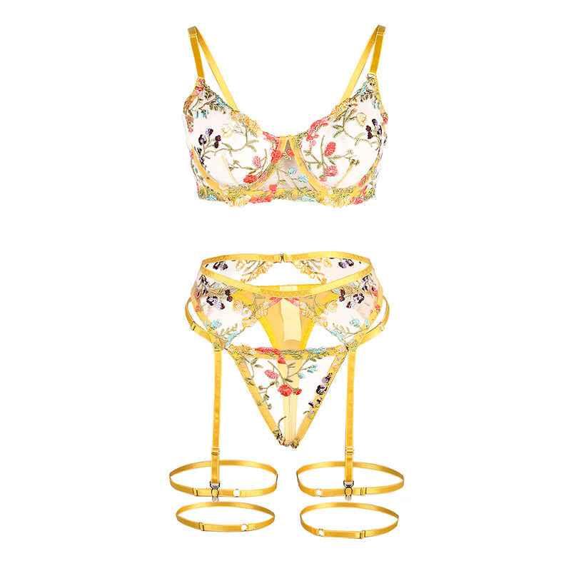 SUBBLIME - 954345 BH + STRING + STRUMPFGÜRTEL BLUMENDESIGN GELB S/M - Vanelion Paradise