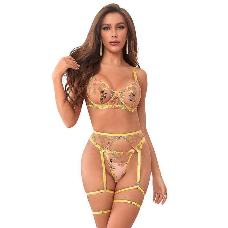 SUBBLIME - 954345 BH + STRING + STRUMPFGÜRTEL BLUMENDESIGN GELB S/M - Vanelion Paradise