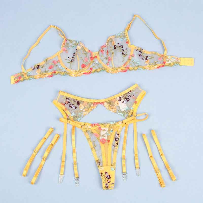 SUBBLIME - 954345 BH + STRING + STRUMPFGÜRTEL BLUMENDESIGN GELB S/M - Vanelion Paradise
