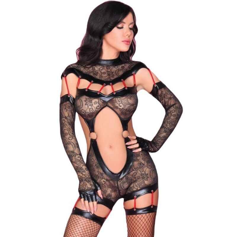 LIVCO CORSETTI FASHION - SAKURA CF 90357 JUMPSUIT + LANGE HANDSCHUHE + STRUMPFGÜRTEL SCHWARZ S/M - Vanelion Paradise