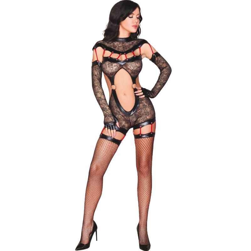 LIVCO CORSETTI FASHION - SAKURA CF 90357 JUMPSUIT + LANGE HANDSCHUHE + STRUMPFGÜRTEL SCHWARZ S/M - Vanelion Paradise