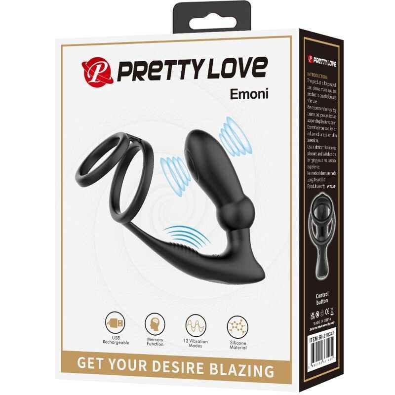 PRETTY LOVE - EMONI PENISRING + ANAL PLUG 12 VIBRATIONEN SCHWARZ - Vanelion Paradise