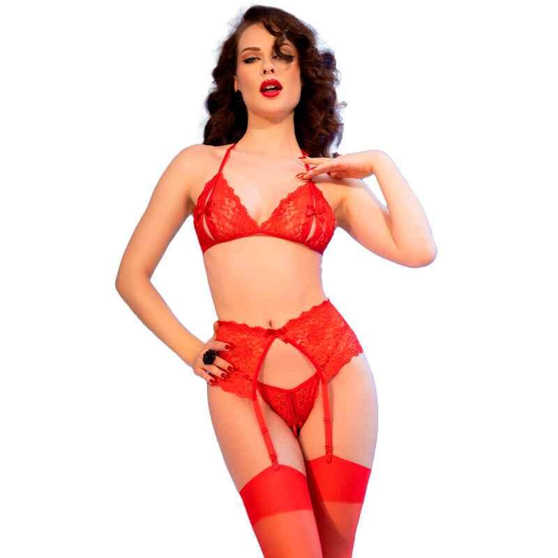 Chilirose rotes Spitzen-Dessous-Set mit Strümpfen - Vanelion Paradise