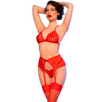 CHILIROSE - CR 4848 ROT SPITZEN-BH + TANGA + STRÜMPFE SET M