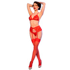 CHILIROSE - CR 4848 ROTER SPITZEN-BH + TANGA + STRÜMPFE SET L