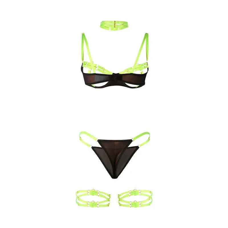 SUBBLIME - 955274 BH-SET MIT HALSKETTE UND BEINDETAILS FLUORESZIERENDES GRÜN S/M - Vanelion Paradise