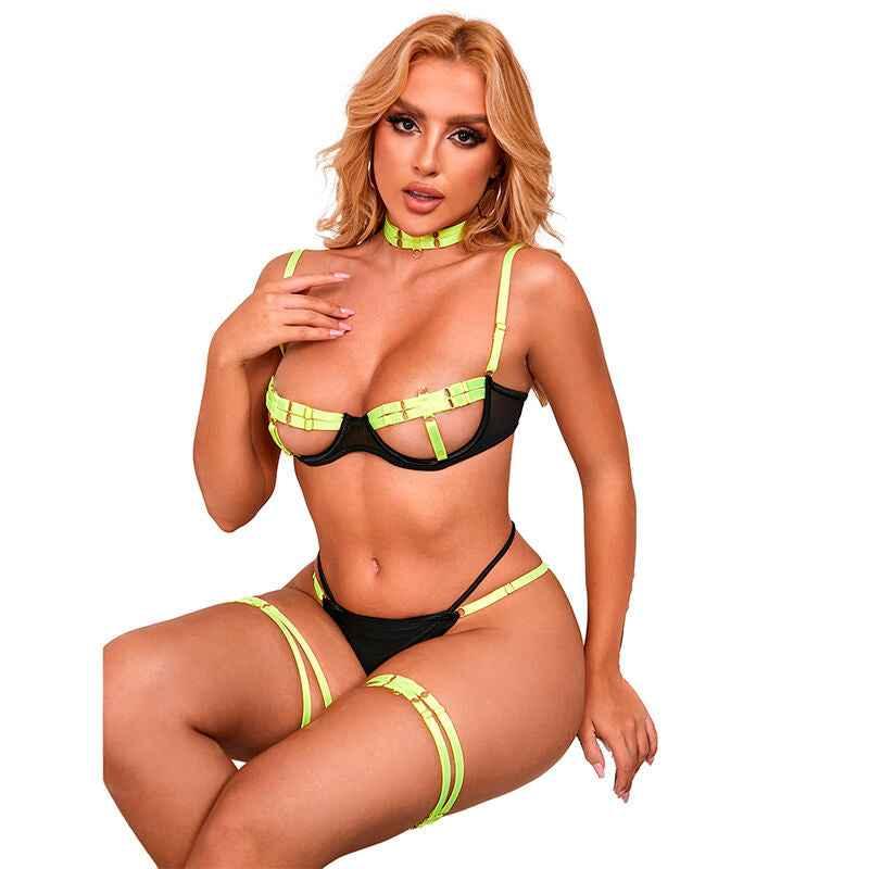 SUBBLIME - 955274 BH-SET MIT HALSKETTE UND BEINDETAILS FLUORESZIERENDES GRÜN S/M - Vanelion Paradise