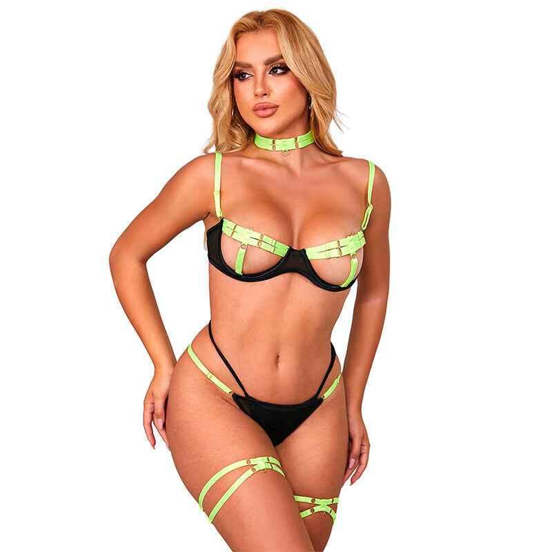 SUBBLIME - 955274 BH-SET MIT HALSKETTE UND BEINDETAILS FLUORESZIERENDES GRÜN S/M - Vanelion Paradise