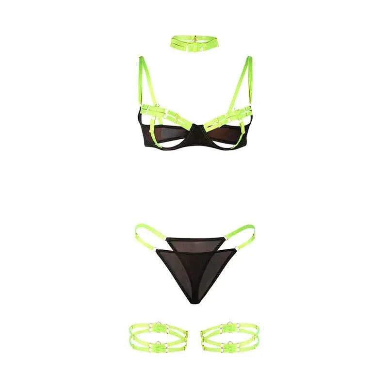 SUBBLIME - 955274 BH-SET MIT HALSKETTE UND BEINDETAILS FLUORESZIERENDES GRÜN S/M - Vanelion Paradise