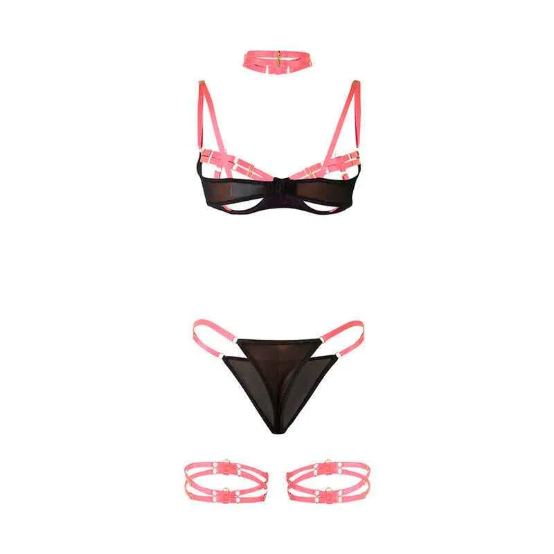 SUBBLIME - 955298 BH-SET MIT HALSKETTE UND BEINDETAILS FLUORESZIERENDES ROSA S/M - Vanelion Paradise