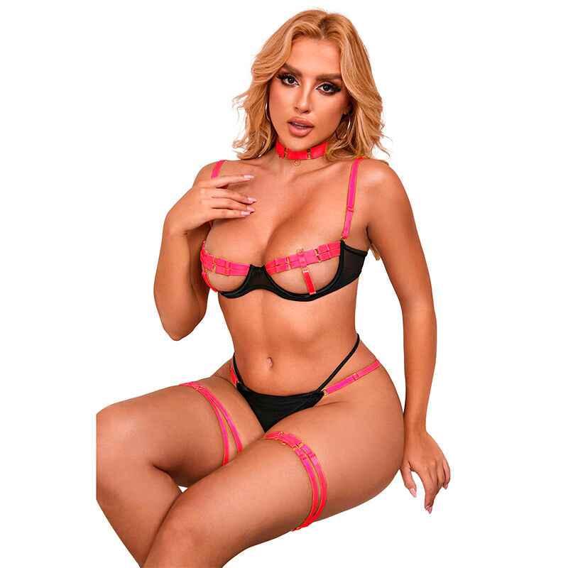SUBBLIME - 955298 BH-SET MIT HALSKETTE UND BEINDETAILS FLUORESZIERENDES ROSA S/M - Vanelion Paradise