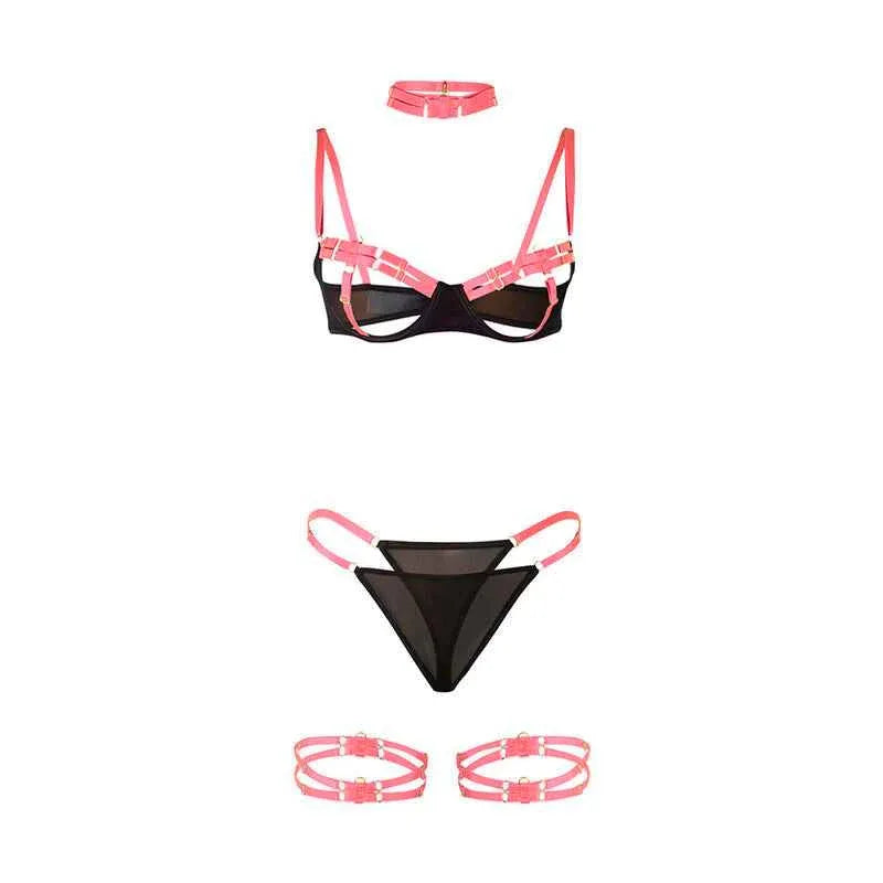 SUBBLIME - 955298 BH-SET MIT HALSKETTE UND BEINDETAILS FLUORESZIERENDES ROSA S/M - Vanelion Paradise