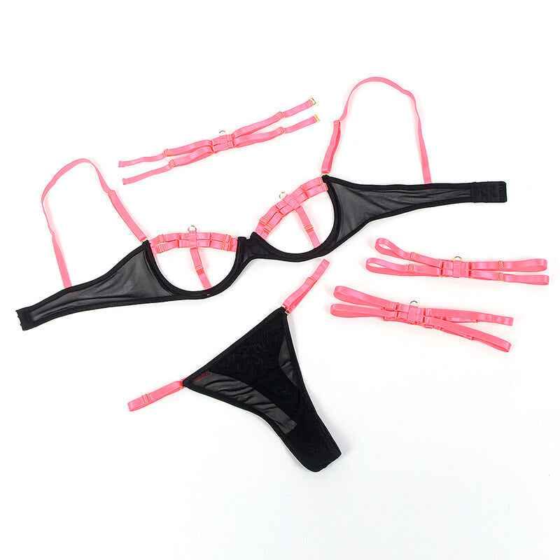 SUBBLIME - 955298 BH-SET MIT HALSKETTE UND BEINDETAILS FLUORESZIERENDES ROSA S/M - Vanelion Paradise