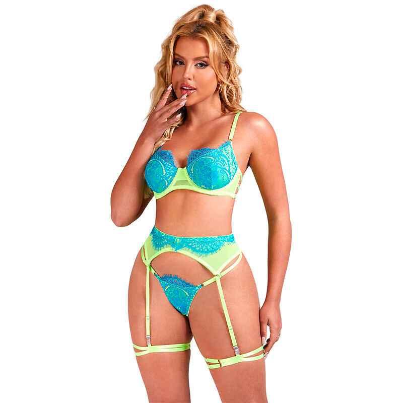 SUBBLIME - 955311 BH-SET MIT SPITZE UND STRUMPFBAND GRÜN UND BLAU S/M - Vanelion Paradise