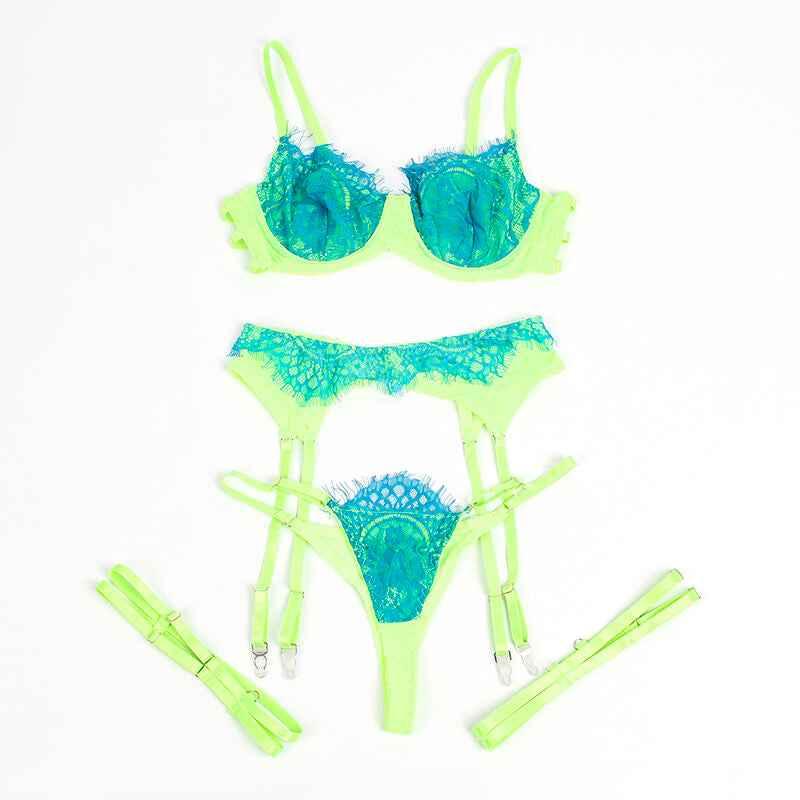 SUBBLIME - 955311 BH-SET MIT SPITZE UND STRUMPFBAND GRÜN UND BLAU S/M - Vanelion Paradise