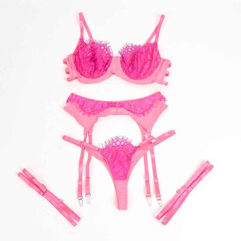 SUBBLIME - 955359 BH-SET MIT SPITZE UND STRUMPFBÄNDERN ROSA UND LILA S/M - Vanelion Paradise
