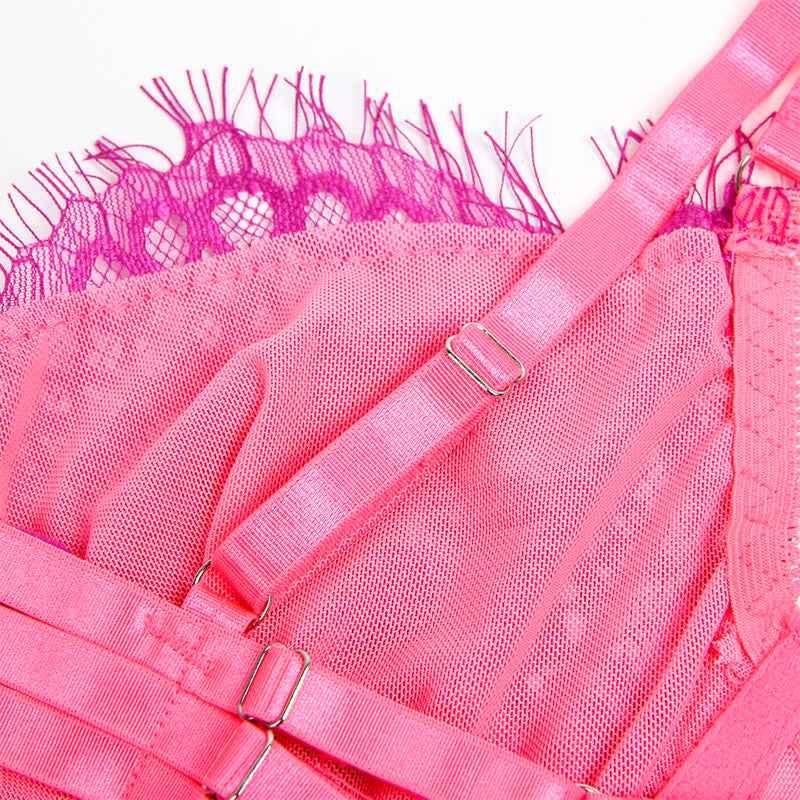 SUBBLIME - 955359 BH-SET MIT SPITZE UND STRUMPFBÄNDERN ROSA UND LILA S/M - Vanelion Paradise