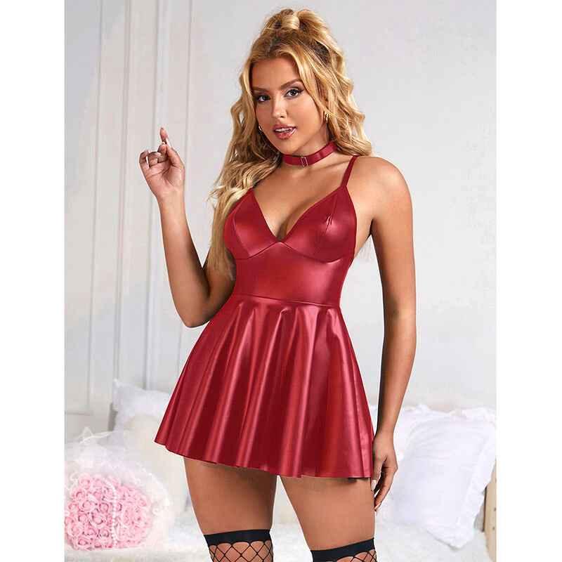 SUBBLIME - 955397 KLEID MIT BURGUNDERROTEN LEDERTRÄGERN S/M - Vanelion Paradise