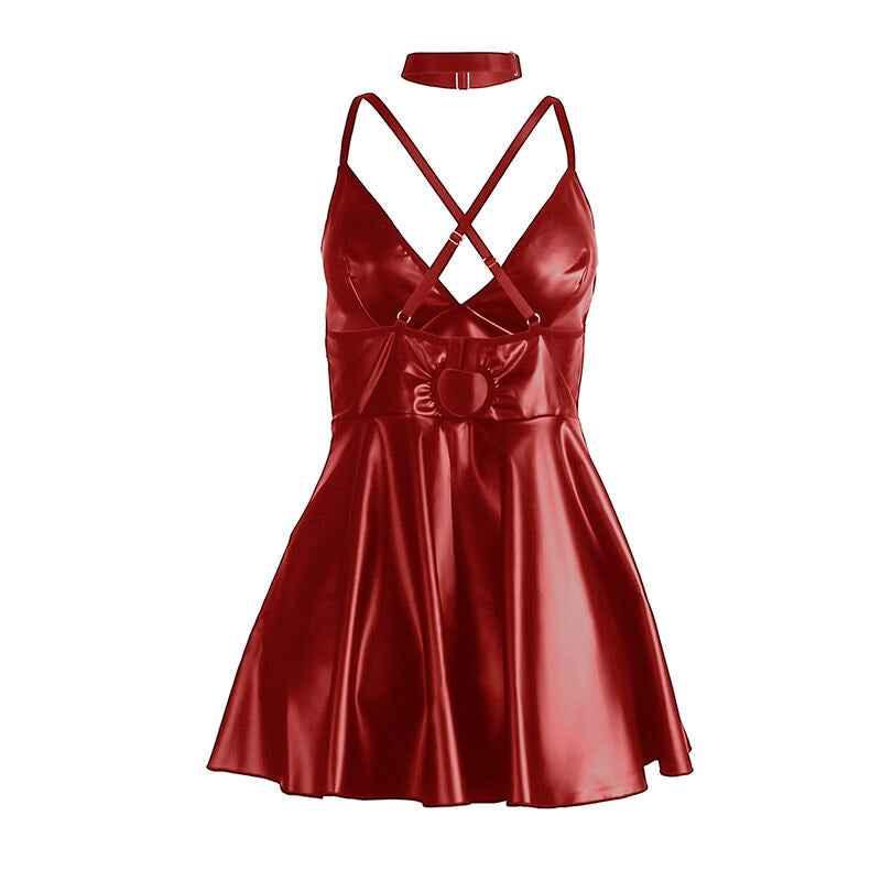 SUBBLIME - 955397 KLEID MIT BURGUNDERROTEN LEDERTRÄGERN S/M - Vanelion Paradise