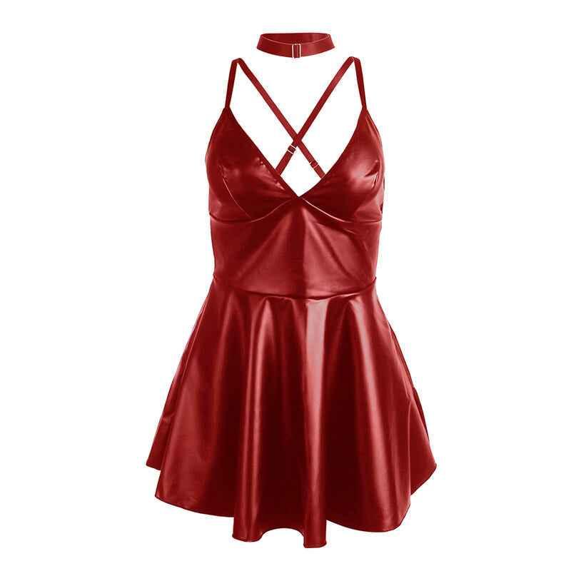 SUBBLIME - 955397 KLEID MIT BURGUNDERROTEN LEDERTRÄGERN S/M - Vanelion Paradise