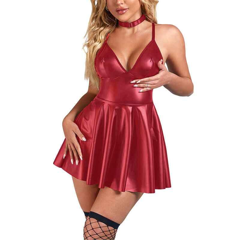 SUBBLIME - 955397 KLEID MIT BURGUNDERROTEN LEDERTRÄGERN S/M - Vanelion Paradise