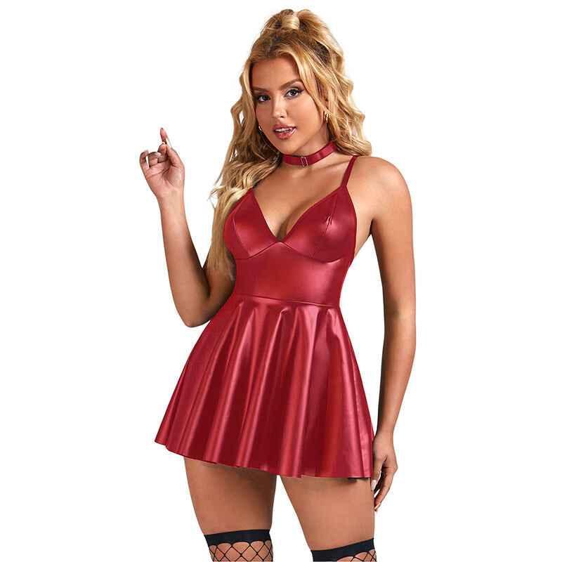 SUBBLIME - 955403 KLEID MIT BURGUNDERROTEN LEDERTRÄGERN L/XL - Vanelion Paradise