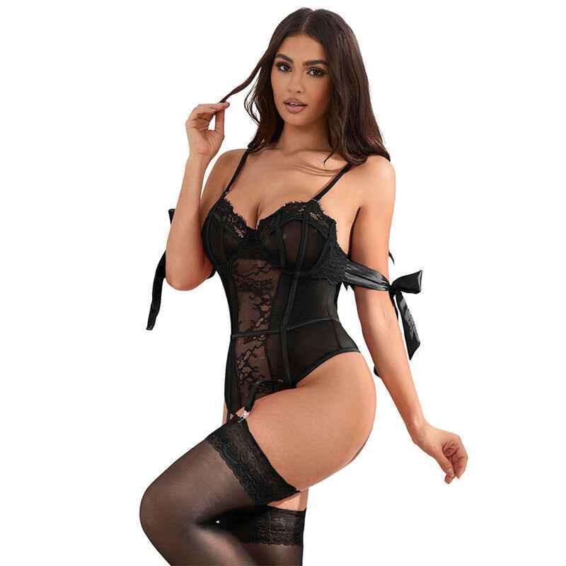 SUBBLIME - 955496 SPITZEN-BODYSUIT MIT SCHLEIFEN UND STRAPSEN SCHWARZ S/M - Vanelion Paradise