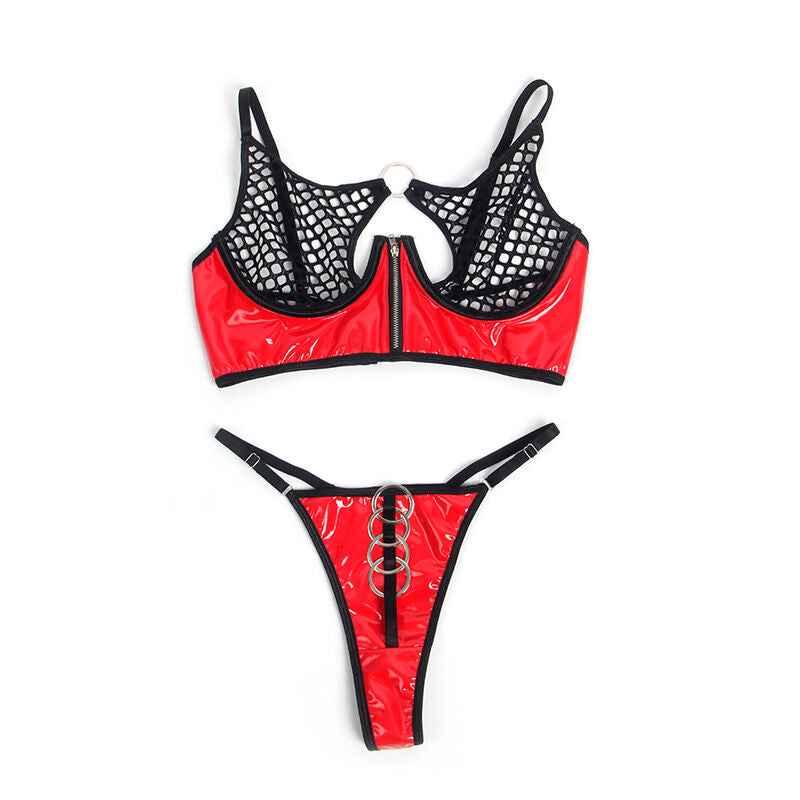 SUBBLIME - 955540 ROTES LACKLEDER-NETZ-ZIPPER-BH-SET L/XL - Vanelion Paradise