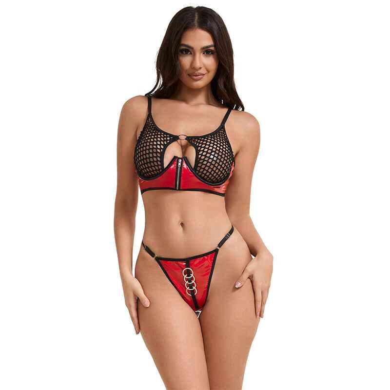 SUBBLIME - 955540 ROTES LACKLEDER-NETZ-ZIPPER-BH-SET L/XL - Vanelion Paradise