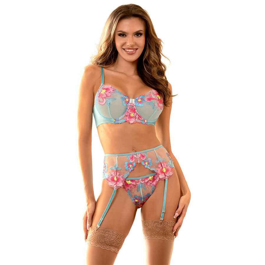 SUBBLIME - 957643 BH- UND STRUMPFGÜRTEL-SET MIT BLUMENSTICKEREI ROSA S/M - Vanelion Paradise
