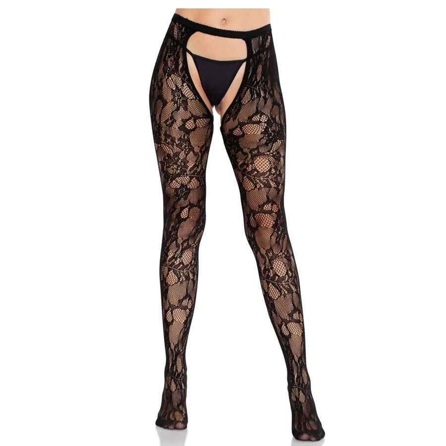 LEG AVENUE - ROSEN-SPITZENSTRÜMPFE MIT OFFENER RÜCKSEITE SCHWARZ - Vanelion Paradise