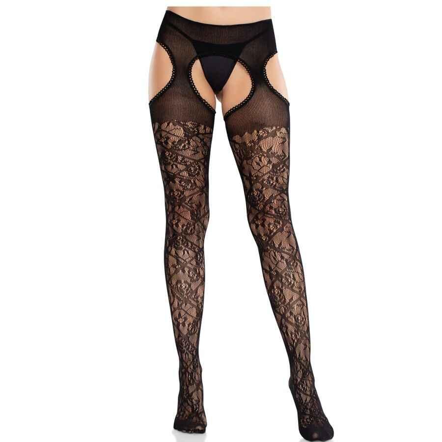 LEG AVENUE - BLUMENSPITZENSTRÜMPFE MIT STRUMPFBÄNDERN UNITED BLACK - Vanelion Paradise