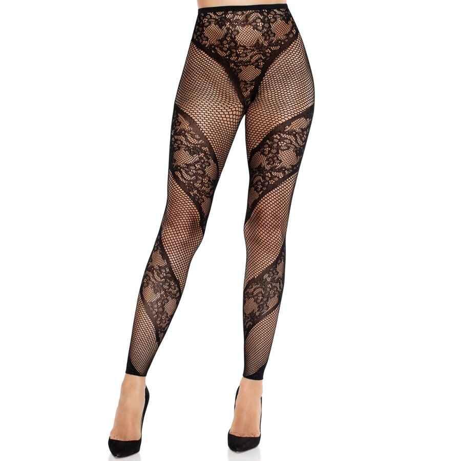 LEG AVENUE - STRUMPFHOSE OHNE FUSS AUS SPITZE UND TRANSPARENZ SCHWARZ - Vanelion Paradise