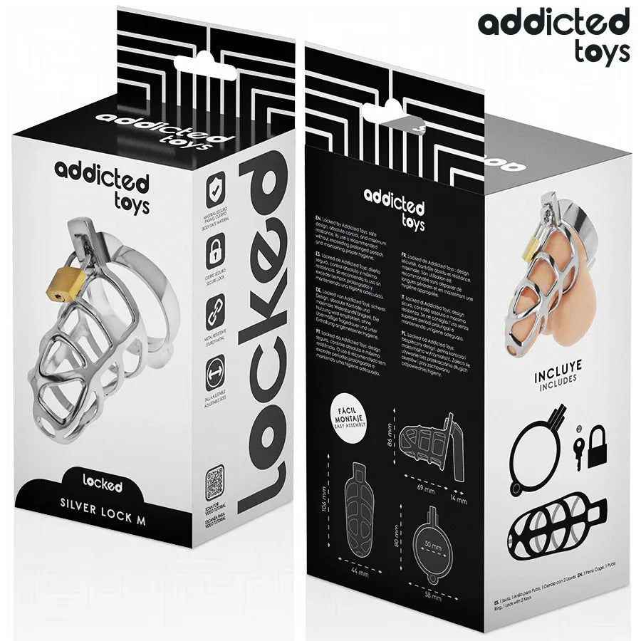ADDICTED TOYS LOCKED - SILBERNES SCHLOSS PENISKÄFIG METALL GRÖSSE M - Vanelion Paradise