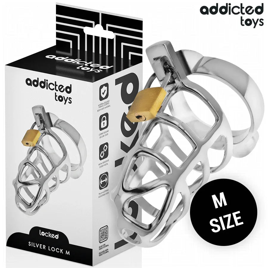 ADDICTED TOYS LOCKED - SILBERNES SCHLOSS PENISKÄFIG METALL GRÖSSE M - Vanelion Paradise