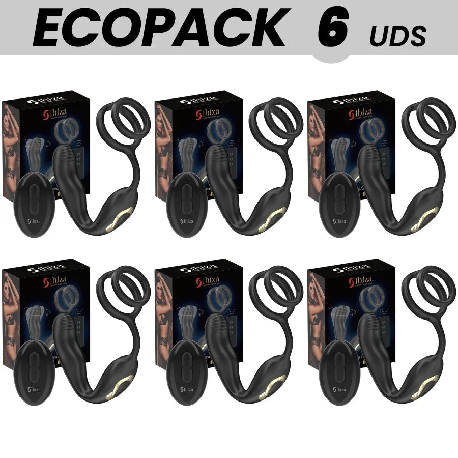 ECOPACKS 6 EINHEITEN - IBIZA WIGGLE FERNGESTEUERTER ROTIERENDER ANALSTECKER MIT DAMMVIBRATION UND PENISVERGRÖSSERUNGSRINGEN - Vanelion Paradise