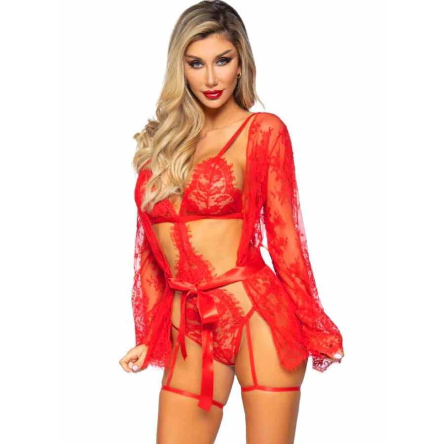 LEG AVENUE - 86123 TEDDY- UND STRUMPFBAND-BADEMANTEL-SET, ROT, GRÖSSE M