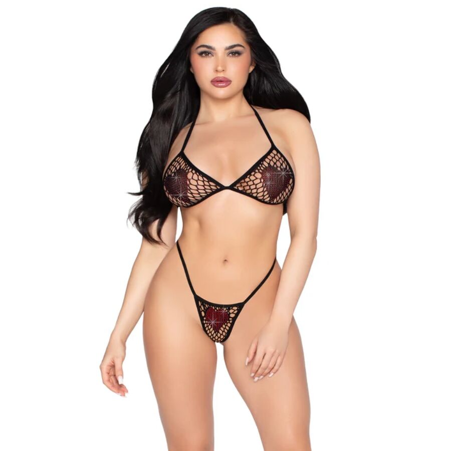 Leg Avenue 86147 – Netz-BH-Set mit Strassherzen, Schwarz