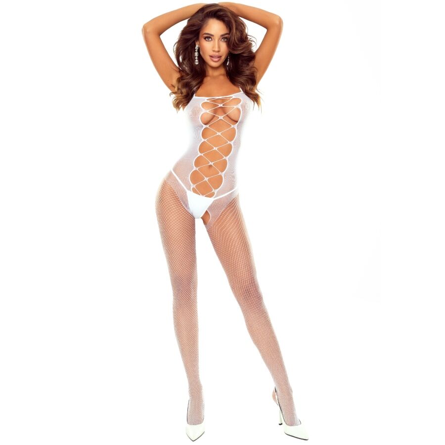 Passion BS124 weißer Netz-Bodystocking mit Schnüroptik vorne