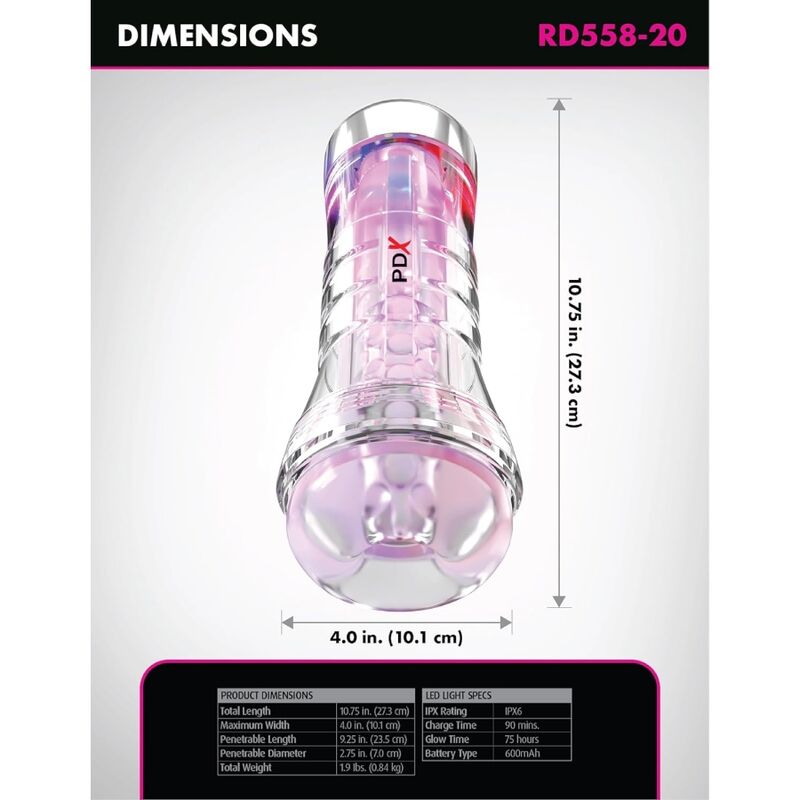 PDX ELITE - VIEWTUBE XXL LED TRANSPARENT STROKER 27,3 CM