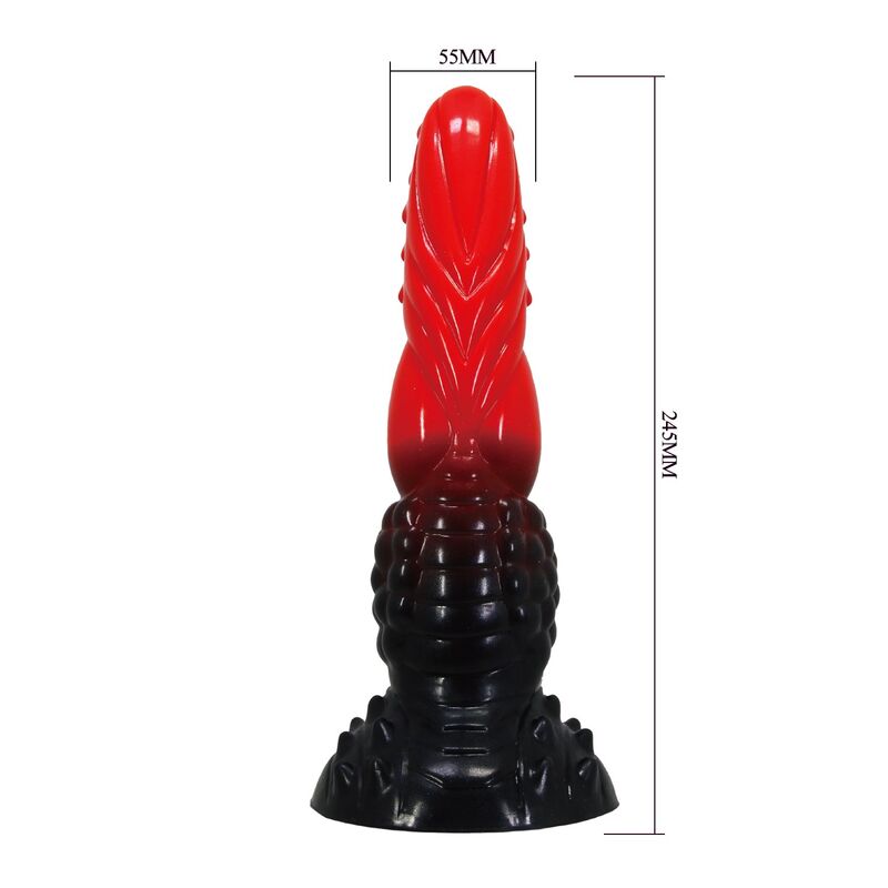 POWER MONSTERS – FEUERDRACHEN-FANTASIE-DILDO MIT SAUGNAPF 24,5 CM Ø 5,8 CM ROT & SCHWARZ