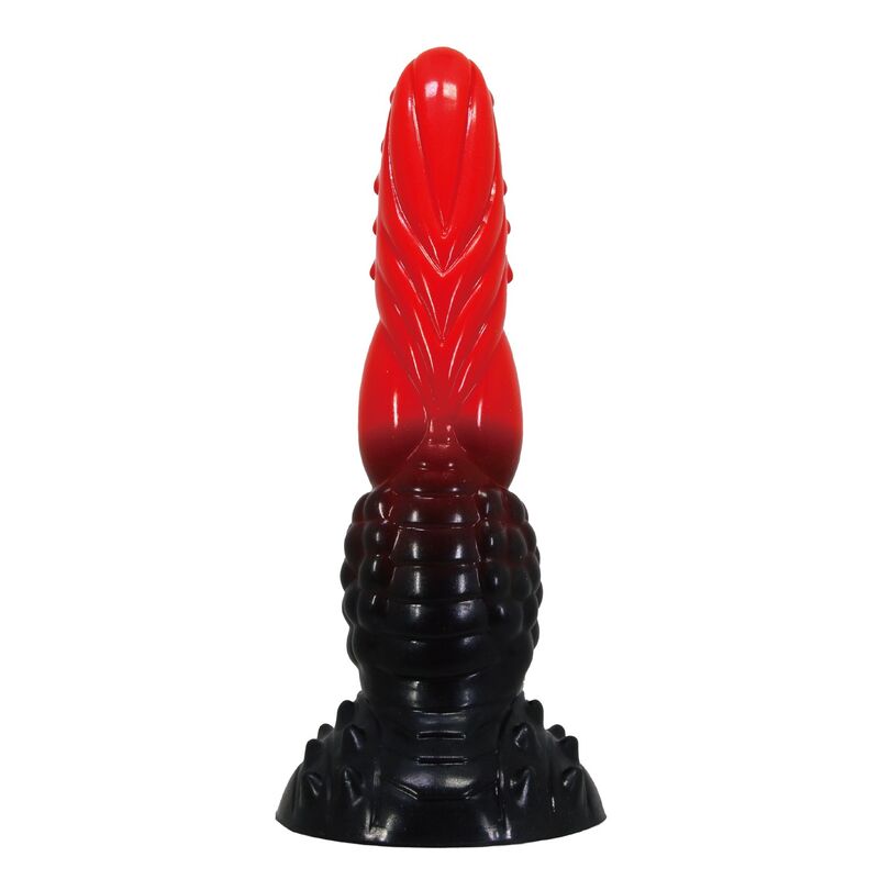 POWER MONSTERS – FEUERDRACHEN-FANTASIE-DILDO MIT SAUGNAPF 24,5 CM Ø 5,8 CM ROT & SCHWARZ