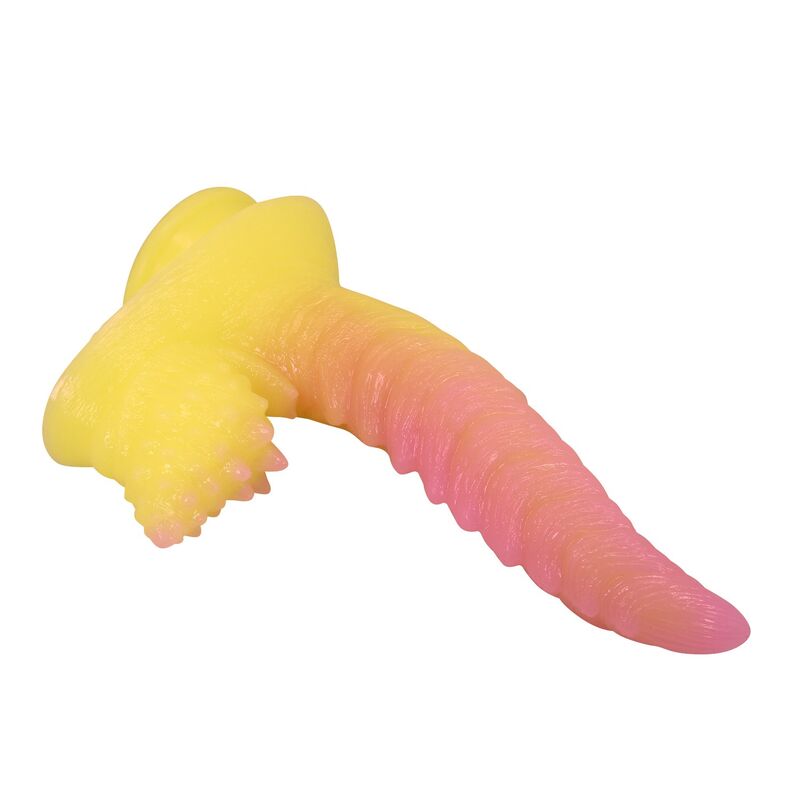 POWER MONSTERS - RIPPLIED MONSTER FANTASY DILDO MIT SAUGKAPSEL 22,5 CM Ø 5,5 CM PINK & GELB
