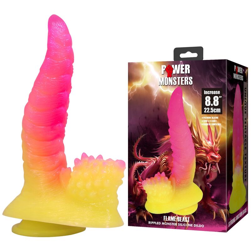 POWER MONSTERS - RIPPLIED MONSTER FANTASY DILDO MIT SAUGKAPSEL 22,5 CM Ø 5,5 CM PINK & GELB