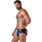 Locker Gear Wide Waistband Jockbrief in Blau mit schwarzem Bund, seitliche Ansicht am Model