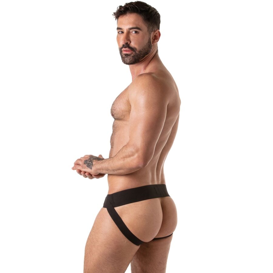 Rückansicht des blauen Locker Gear Jockstraps mit offenem Gesäß und elastischen Bändern