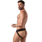 Rückansicht des blauen Locker Gear Jockstraps mit offenem Gesäß und elastischen Bändern